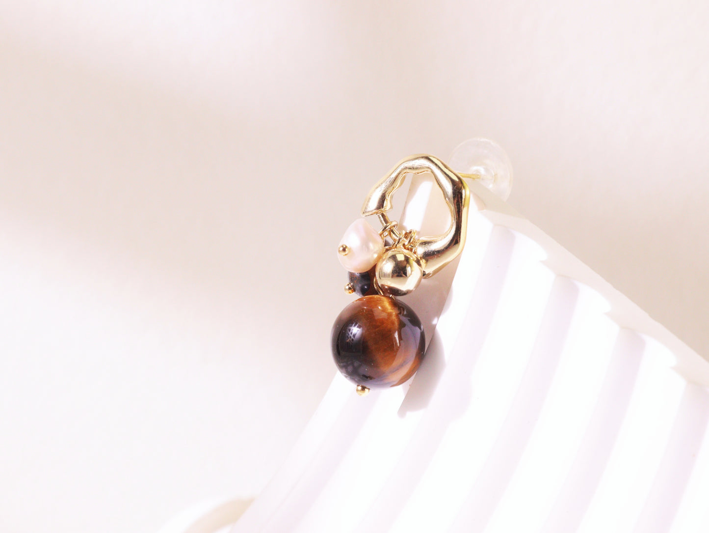 Tiger Eye & Freshwater Pearl Cluster Earrings