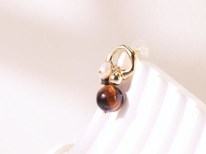 Tiger Eye & Freshwater Pearl Cluster Earrings