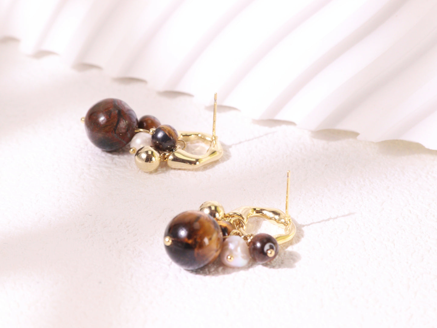 Tiger Eye & Freshwater Pearl Cluster Earrings