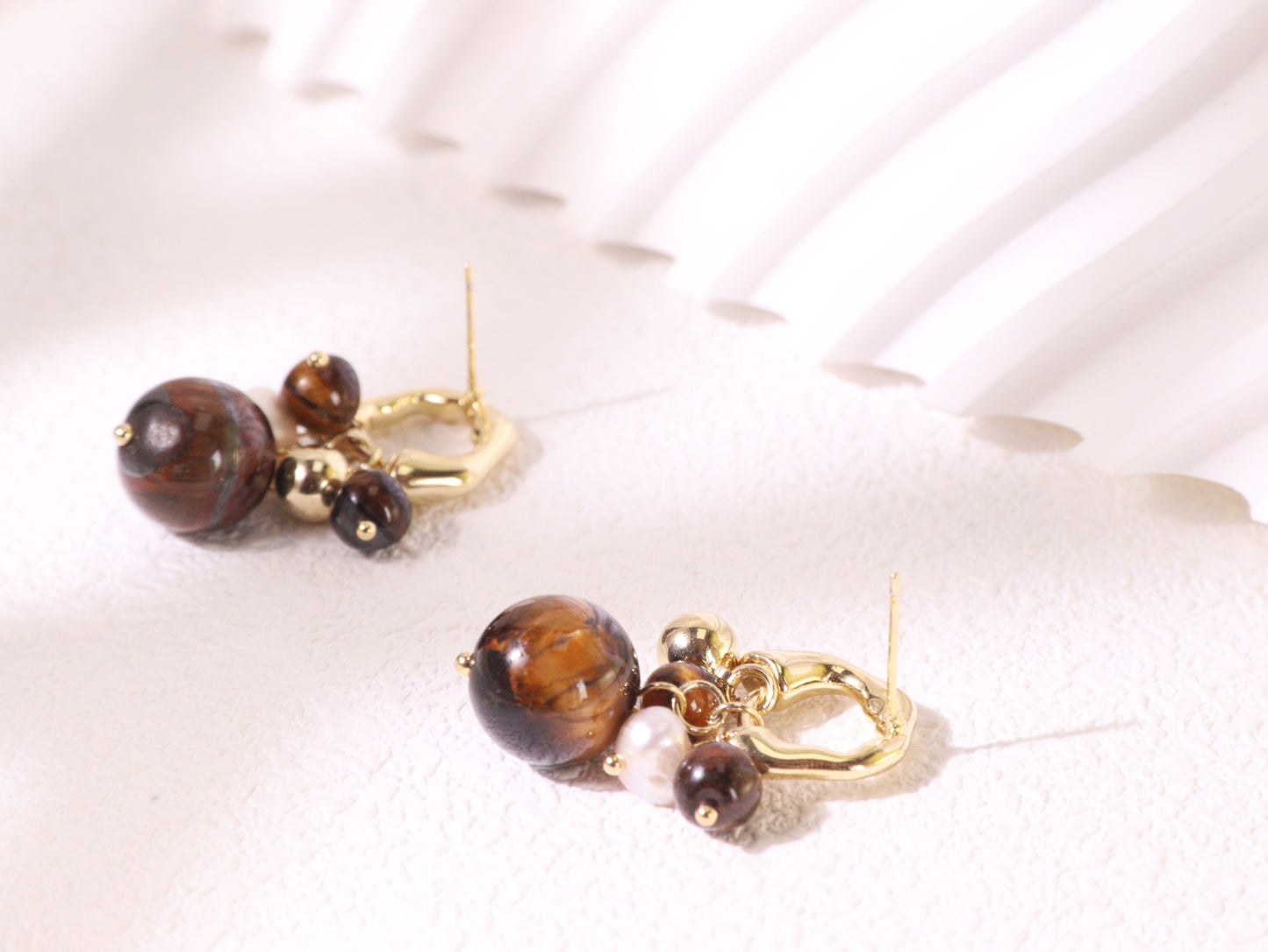Tiger Eye & Freshwater Pearl Cluster Earrings
