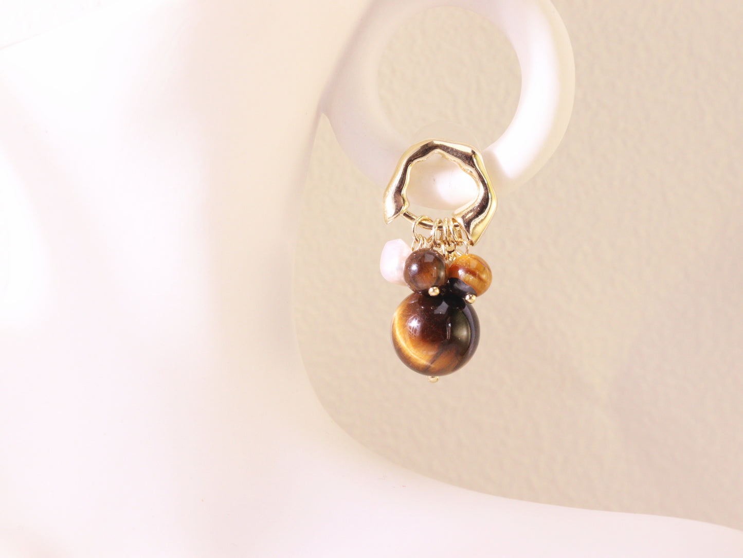 Tiger Eye & Freshwater Pearl Cluster Earrings