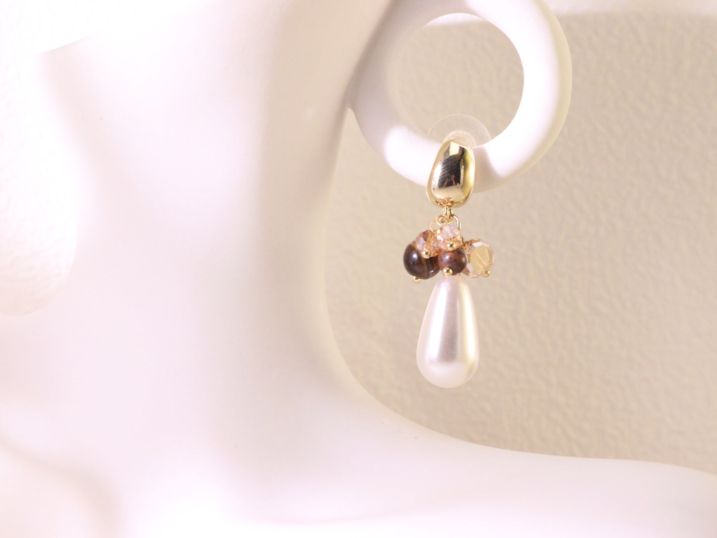 Tiger Eye Cluster & Teardrop Pearl Earrings