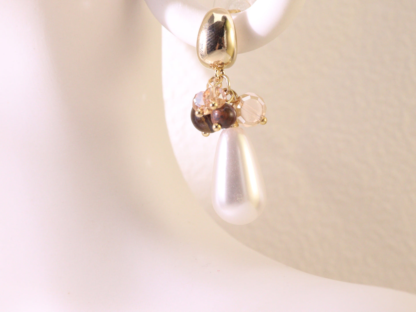 Tiger Eye Cluster & Teardrop Pearl Earrings