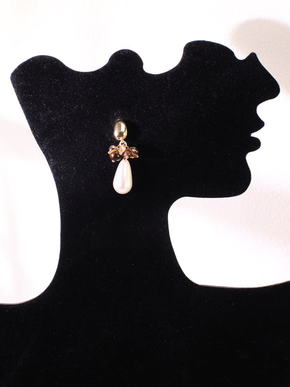 Tiger Eye Cluster & Teardrop Pearl Earrings