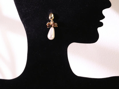 Tiger Eye Cluster & Teardrop Pearl Earrings