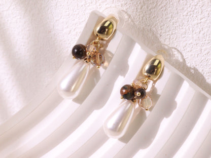 Tiger Eye Cluster & Teardrop Pearl Earrings