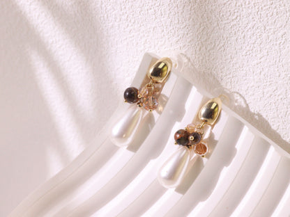 Tiger Eye Cluster & Teardrop Pearl Earrings