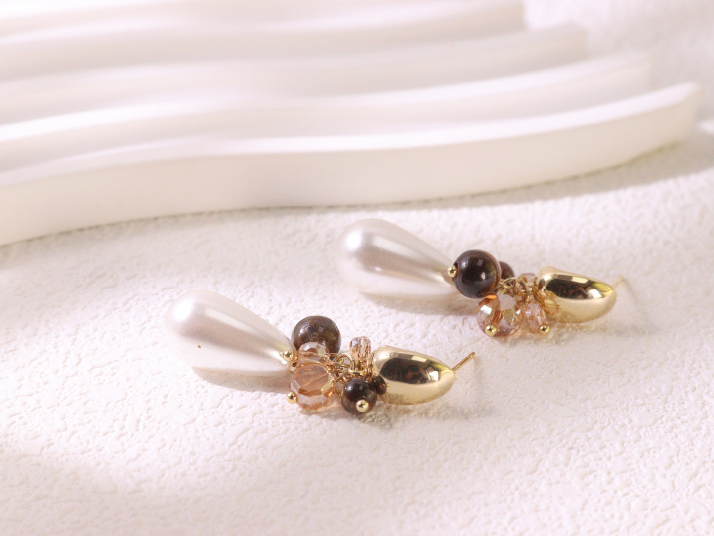 Tiger Eye Cluster & Teardrop Pearl Earrings
