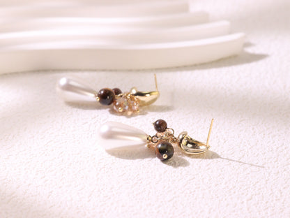 Tiger Eye Cluster & Teardrop Pearl Earrings