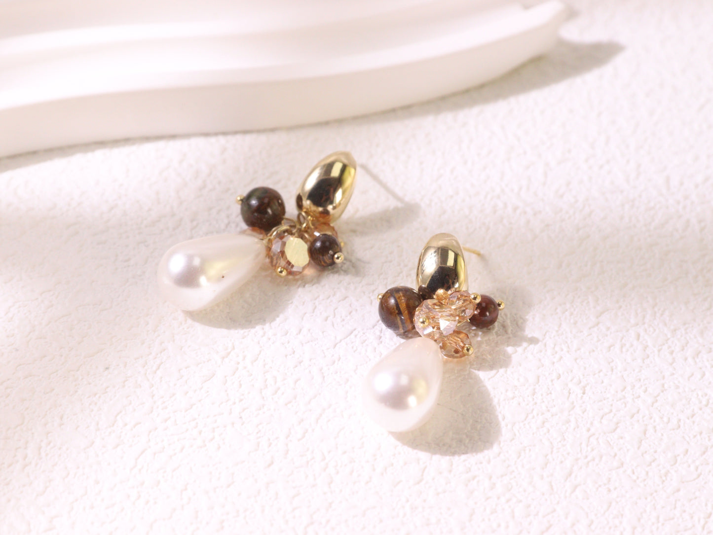 Tiger Eye Cluster & Teardrop Pearl Earrings