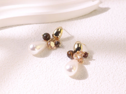 Tiger Eye Cluster & Teardrop Pearl Earrings