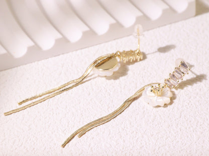 White Magnolia Tassel Drop Earrings