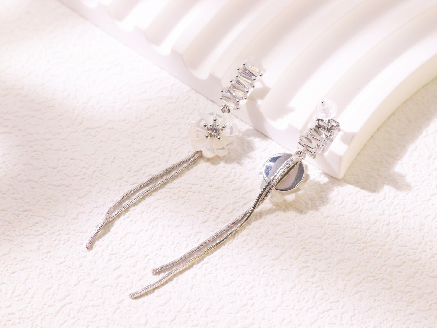 White Magnolia Tassel Drop Earrings