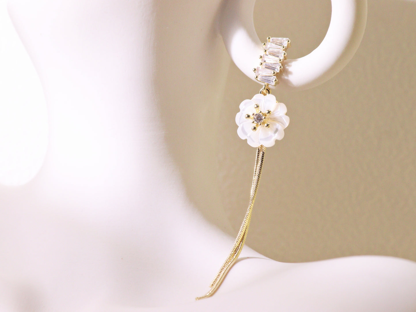 White Magnolia Tassel Drop Earrings