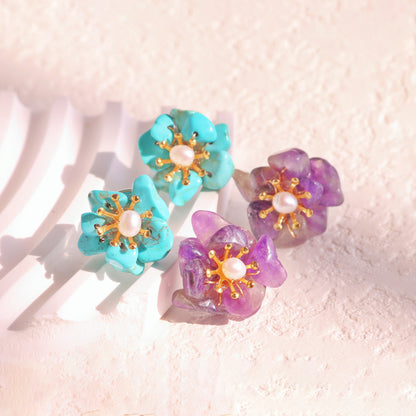 Natural Gemstone Flower Studs