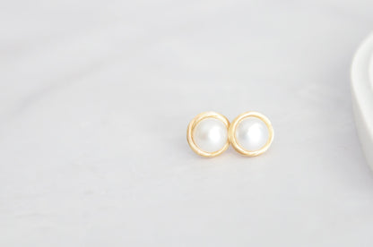 Gold Plated Wire Wrapped Pearl Stud Earrings - Crafted with Copper