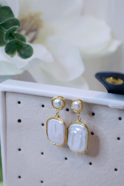 Baroque Pearl Dangle Earrings - Crafted with Brass