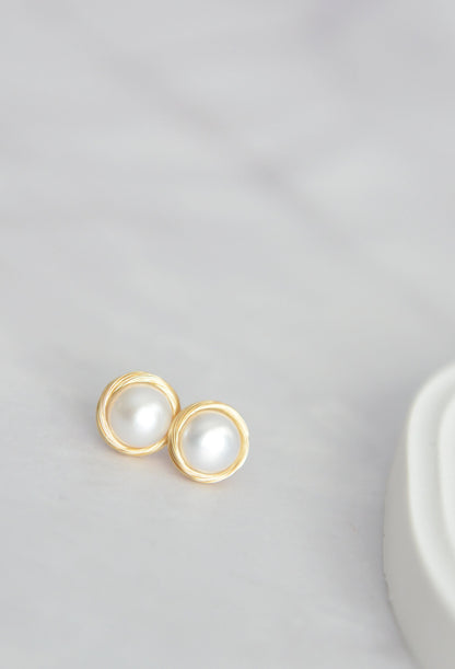 Gold Plated Wire Wrapped Pearl Stud Earrings - Crafted with Copper