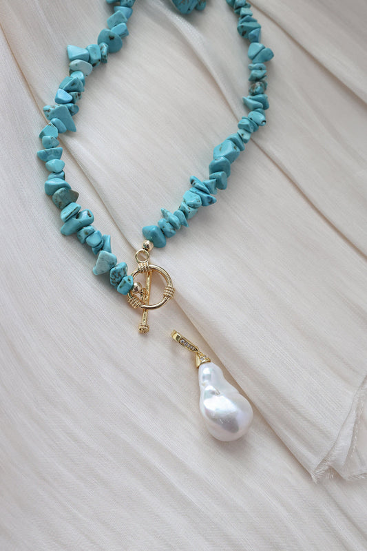 Turquoise Baroque Pearl Necklace-Handcrafted Blue Chip Turquoise