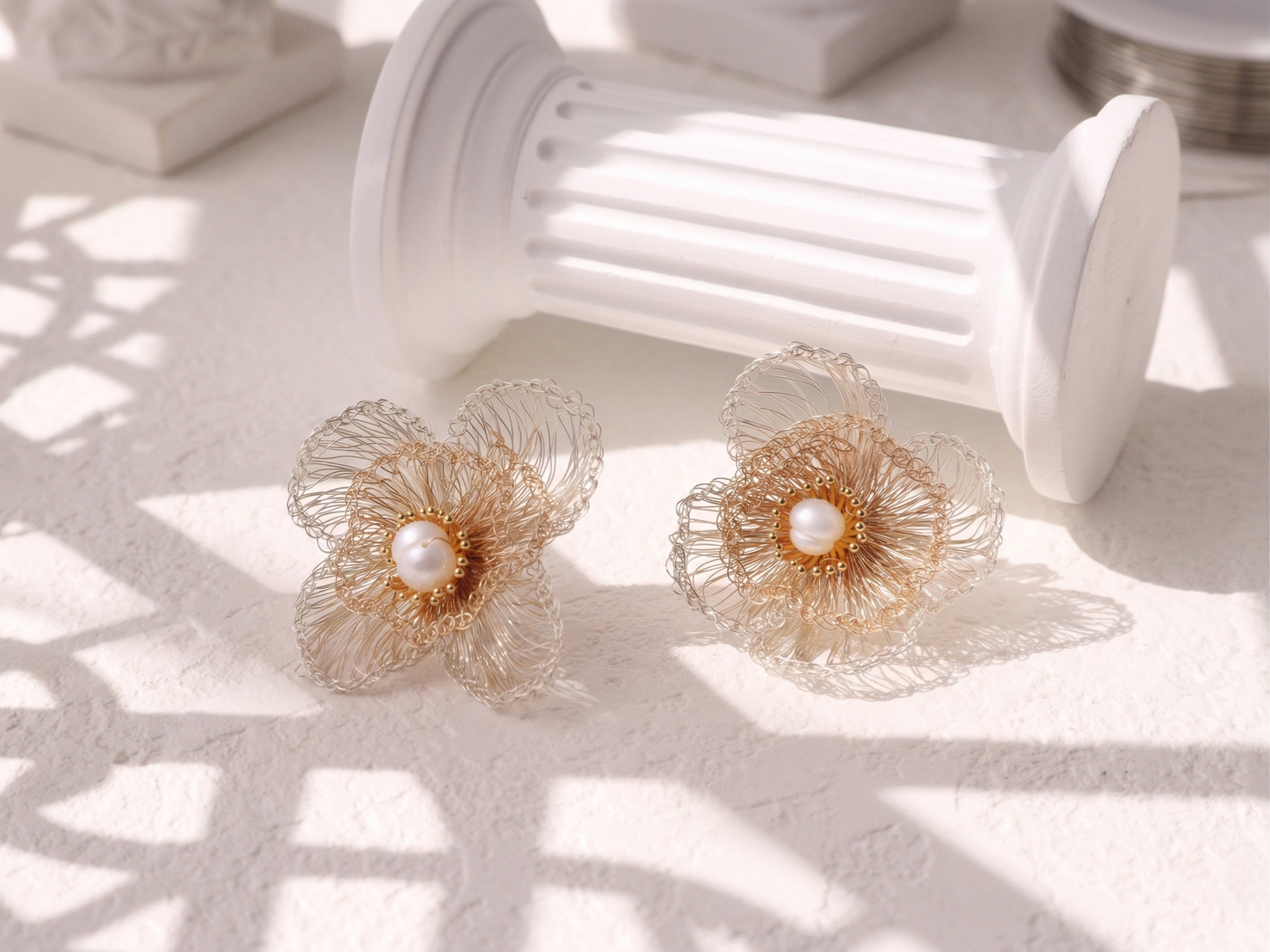Four-Petal Cluster Flower Pearl Studs – Gold & Silver Wire Artisan Jewelry