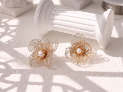Four-Petal Cluster Flower Pearl Studs – Gold & Silver Wire Artisan Jewelry