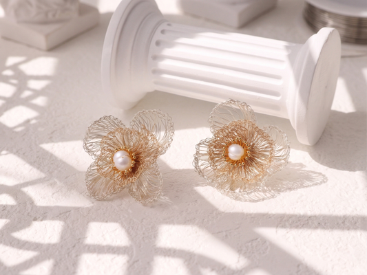 Four-Petal Cluster Flower Pearl Studs – Gold & Silver Wire Artisan Jewelry