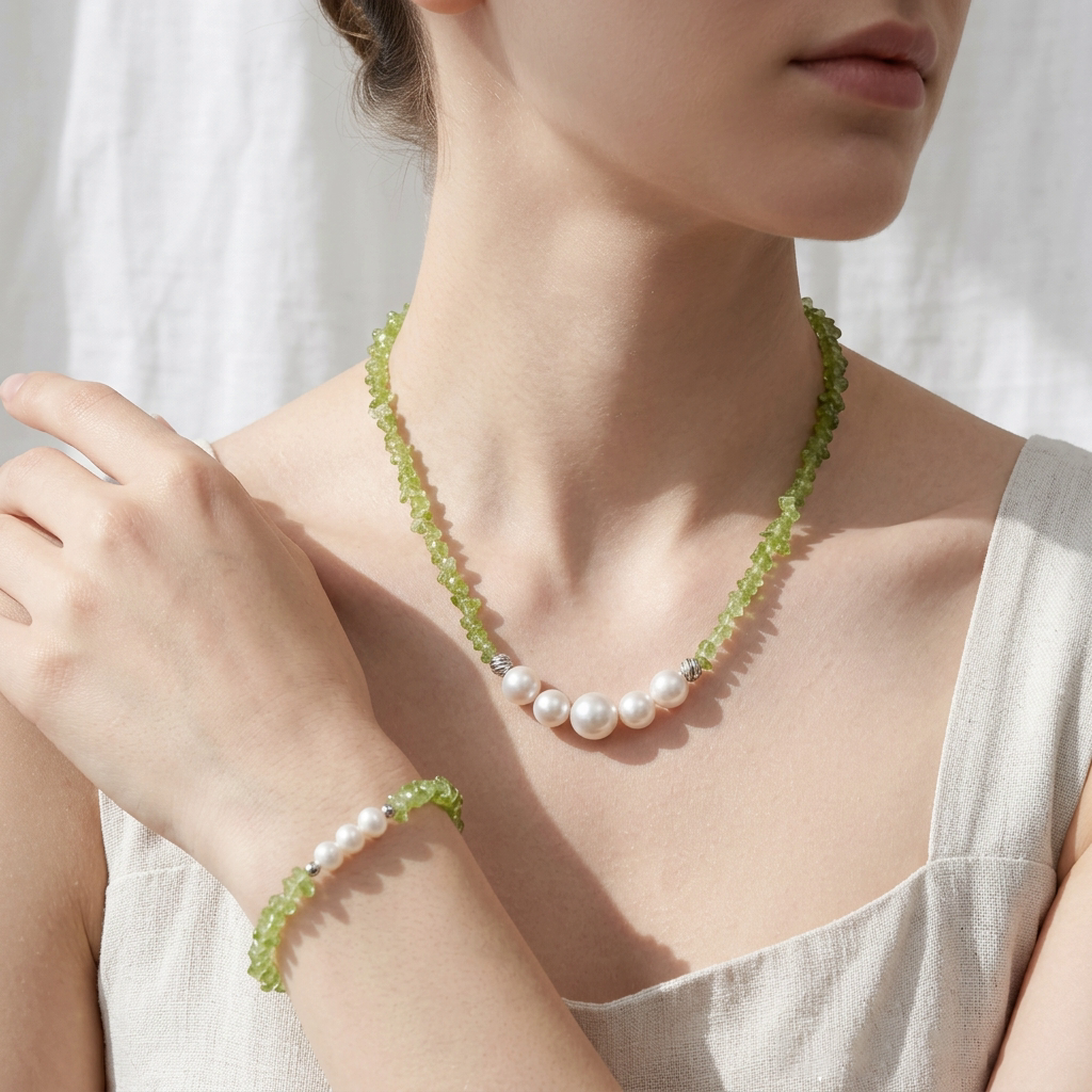 Green Peridot and Freshwater Pearl Necklace or Bracelet – August