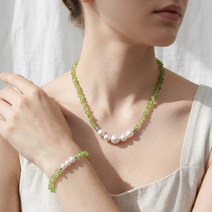 Green Peridot and Freshwater Pearl Necklace or Bracelet – August
