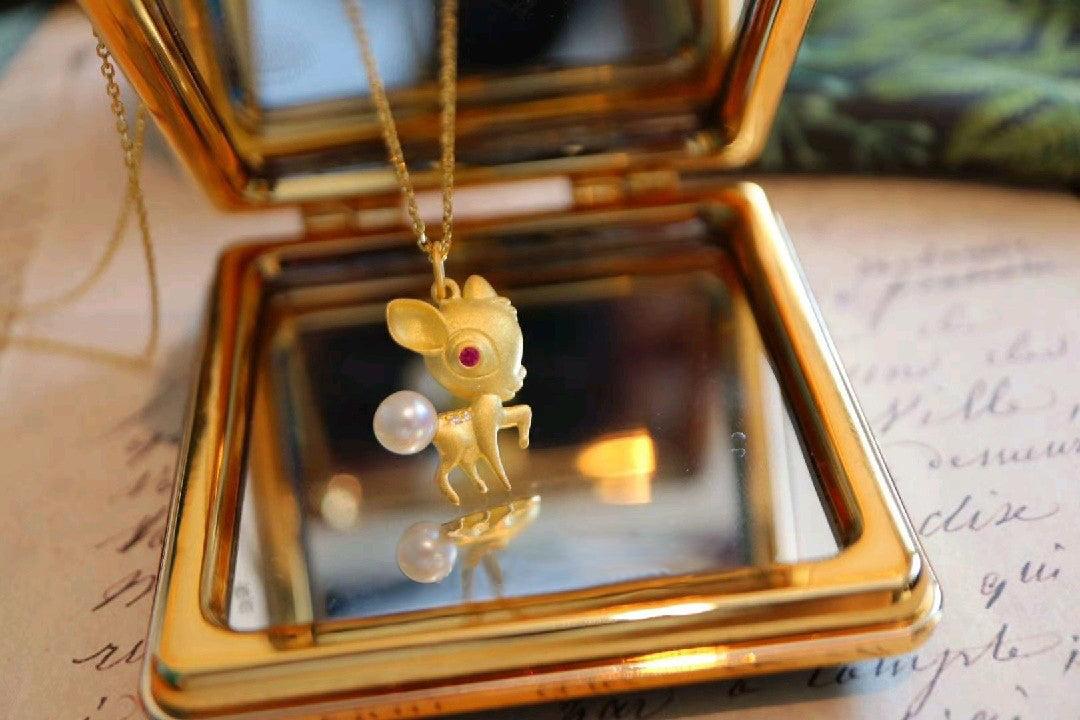 Bambi the deer & Pearl Pendant with Gold Coated Sterling Silver