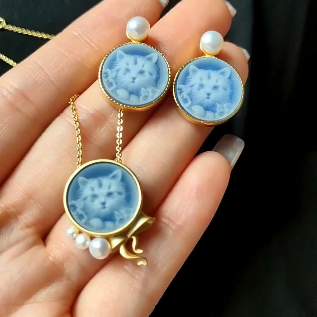 Cameo Pendant Cat Earrings / Necklace