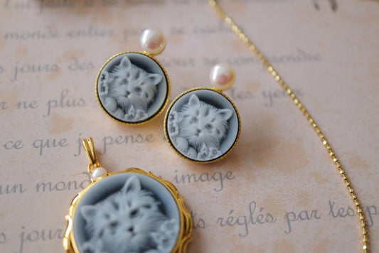 Blue Cameo Pendant Cat Earrings / Necklace