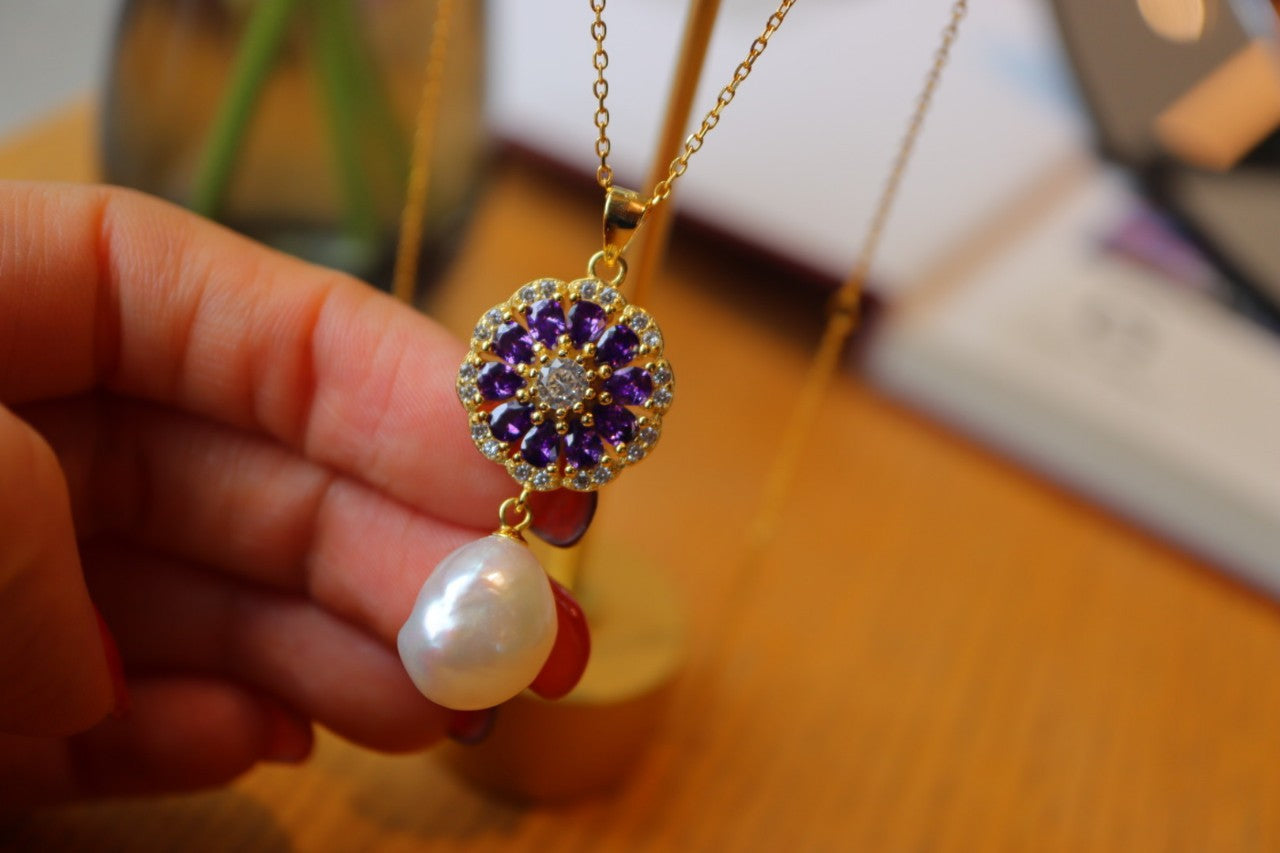 Baroque dangle pearl necklace with Amethyst Gold Plated Sterling Silver