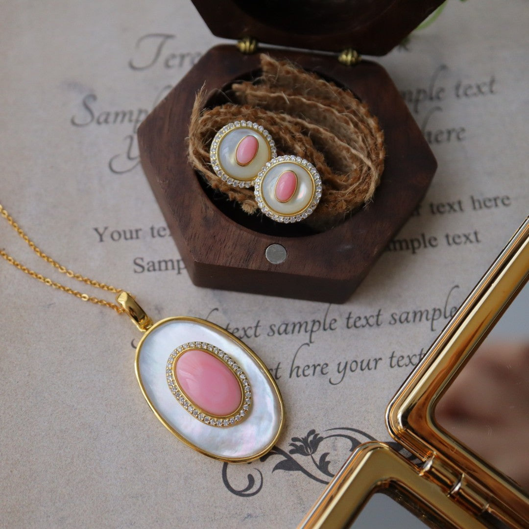Vintage Pink Queen Conch & White Shell Pearl Necklace/ Earrings with Sterling Silver