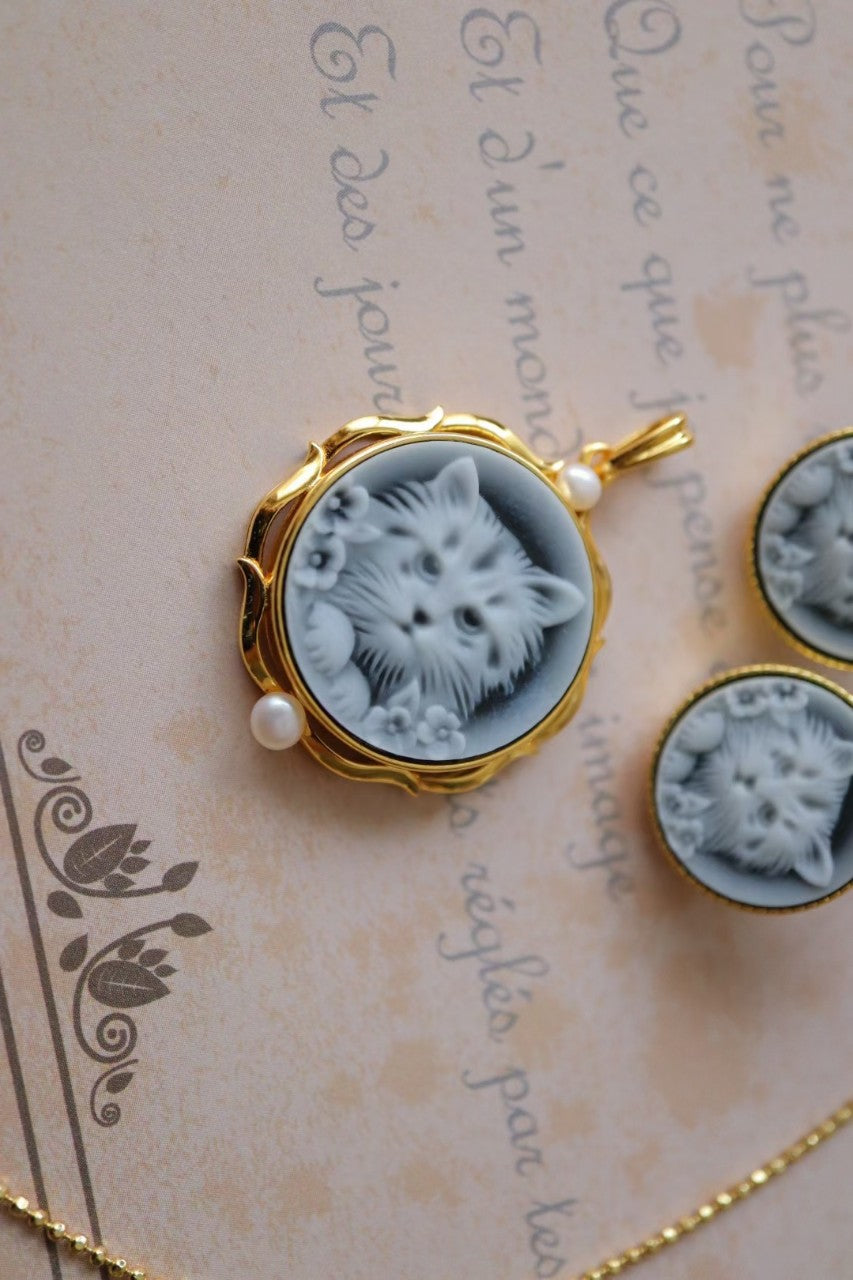 Blue Cameo Pendant Cat Earrings / Necklace