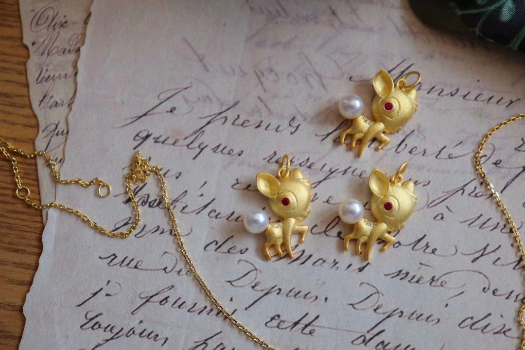 Bambi the deer & Pearl Pendant with Gold Coated Sterling Silver