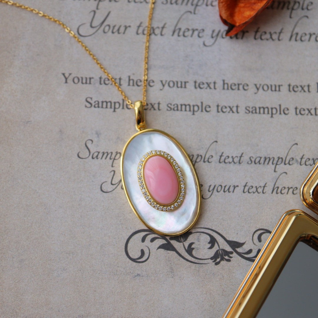 Vintage Pink Queen Conch & White Shell Pearl Necklace/ Earrings with Sterling Silver