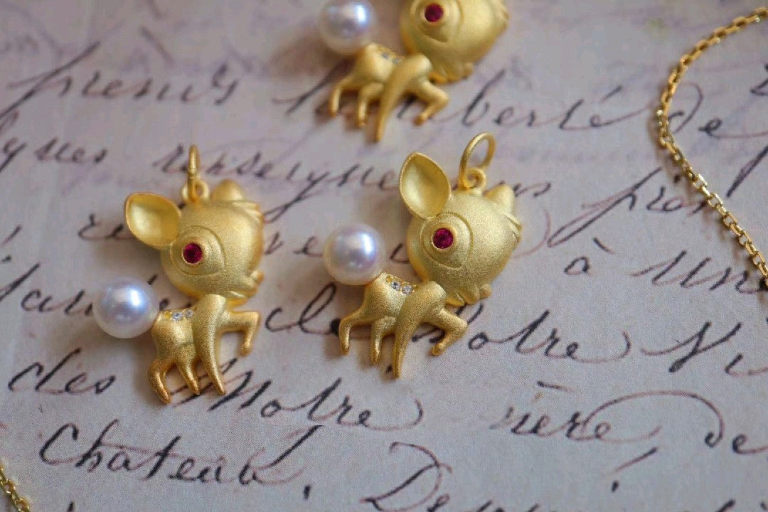 Bambi the deer & Pearl Pendant with Gold Coated Sterling Silver