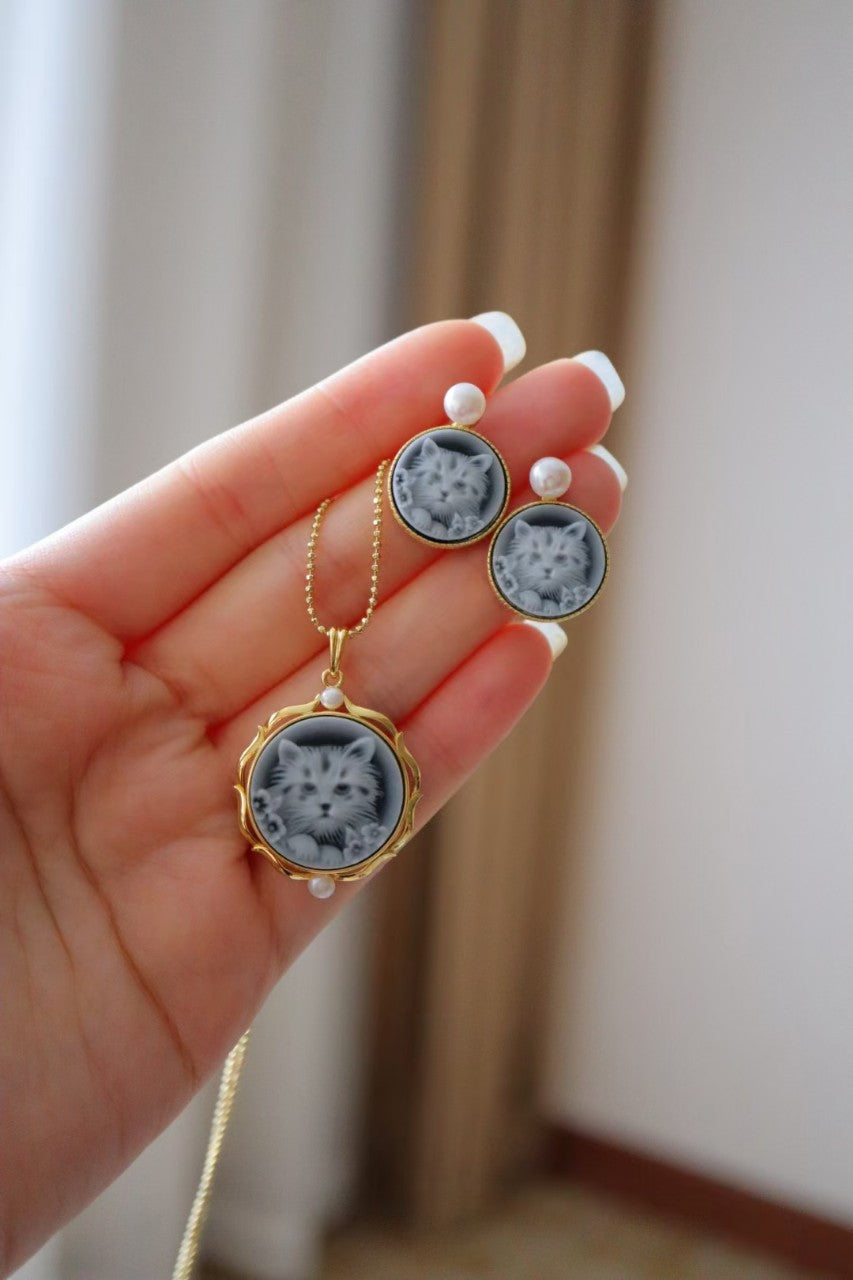 Blue Cameo Pendant Cat Earrings / Necklace