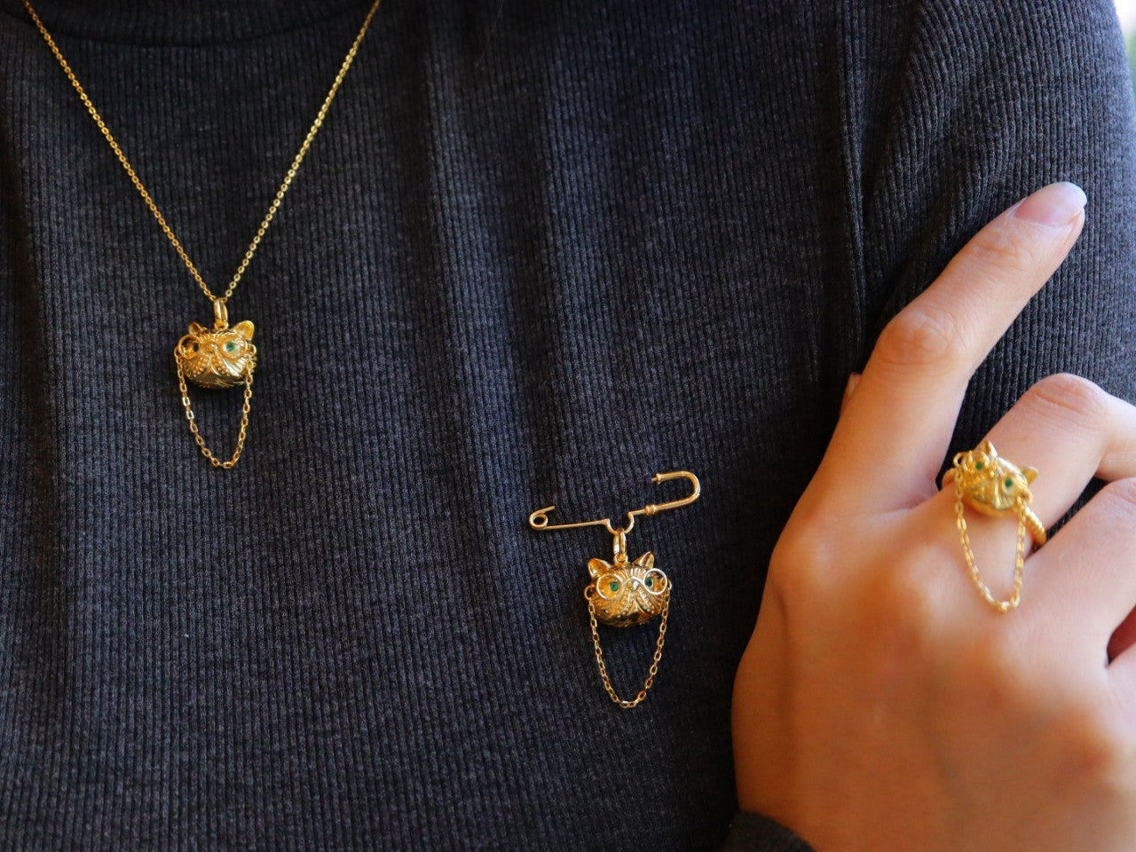 Doctor Cat Necklace /Brooch /Ring with Gold Plated Sterling Silver 925