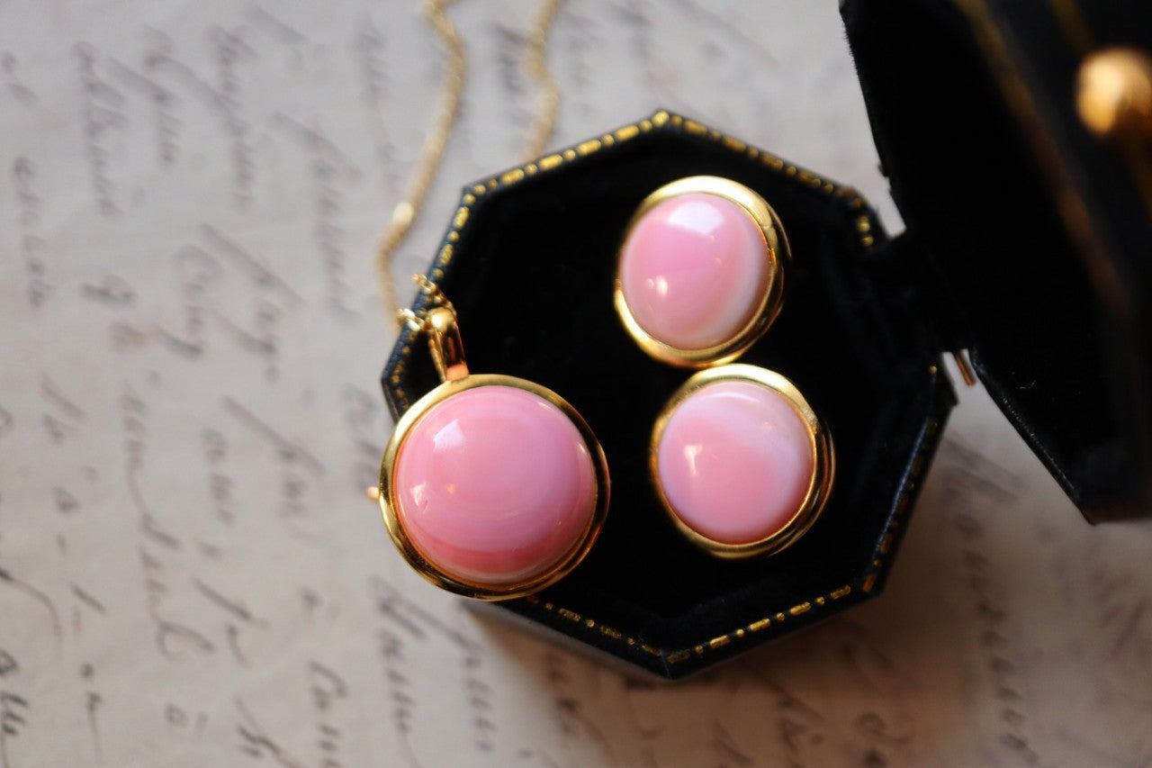 Vintage Pink Queen Conch Pearl Necklace/ Earrings with Sterling Silver