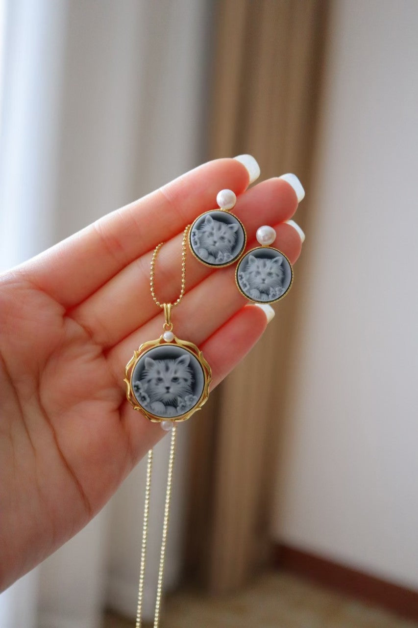 Blue Cameo Pendant Cat Earrings / Necklace