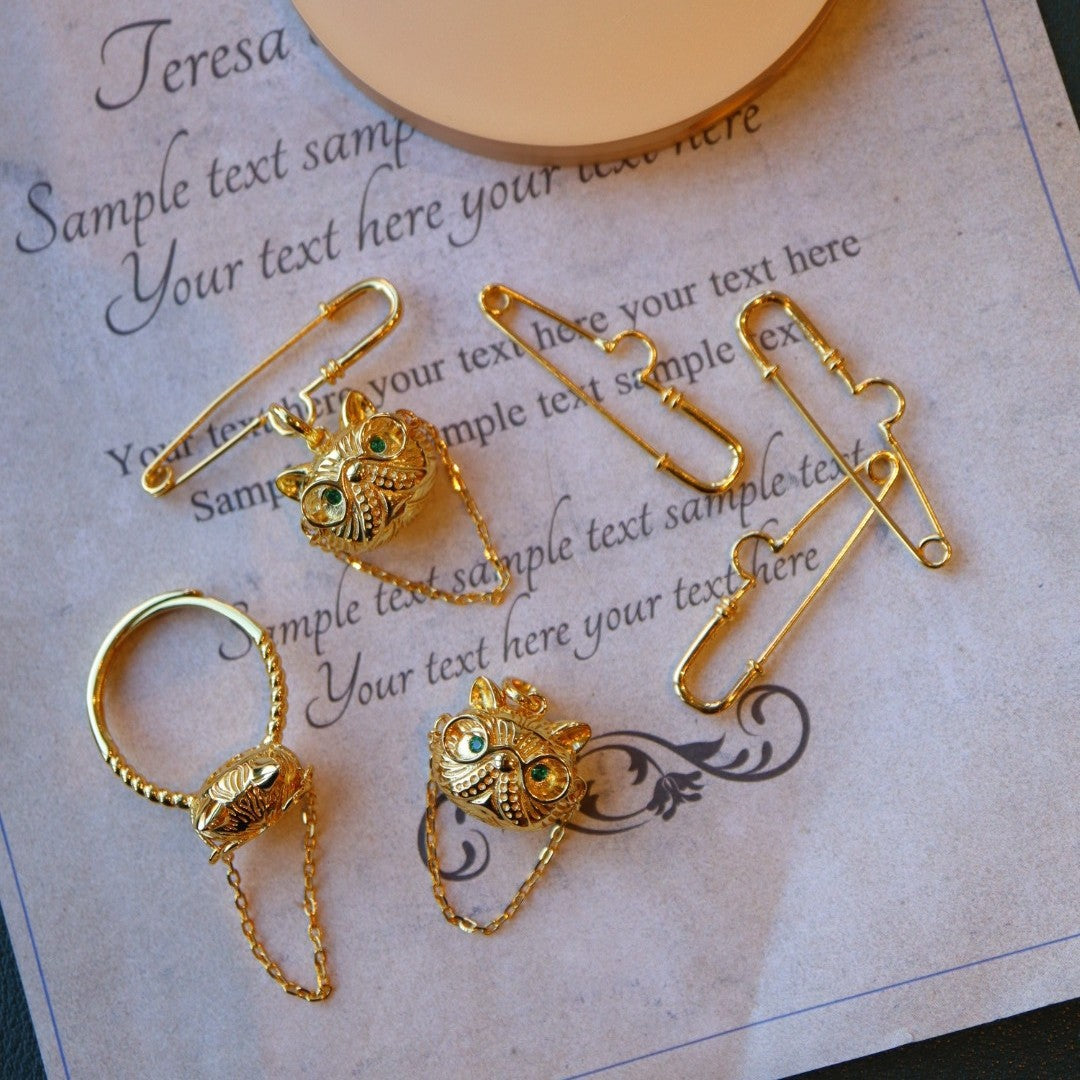 Doctor Cat Necklace /Brooch /Ring with Gold Plated Sterling Silver 925
