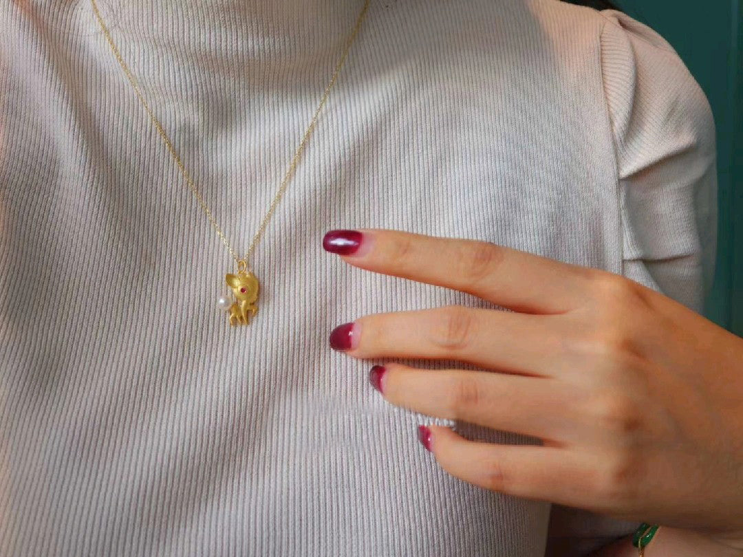 Bambi the deer & Pearl Pendant with Gold Coated Sterling Silver