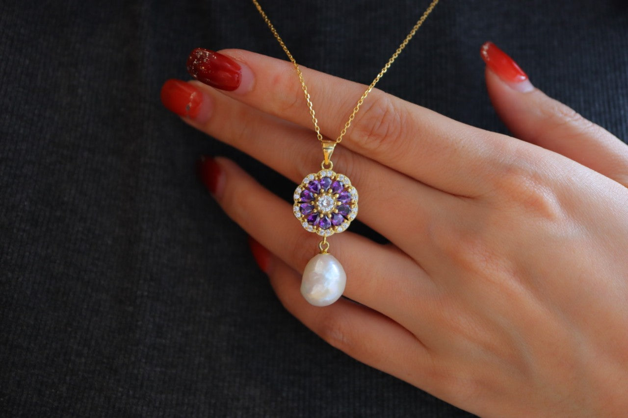 Baroque dangle pearl necklace with Amethyst Gold Plated Sterling Silver