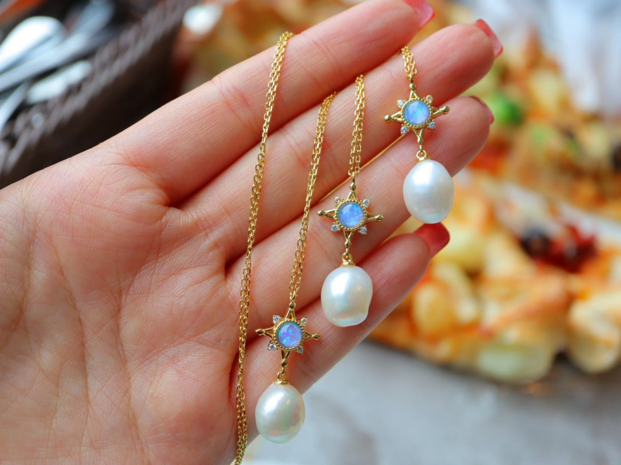 Baroque Glod Plated Sterling Silver 925 Natural Pearl & Blue Opal Necklace/Earrings