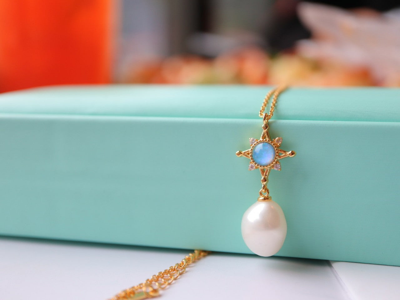 Baroque Glod Plated Sterling Silver 925 Natural Pearl & Blue Opal Necklace/Earrings