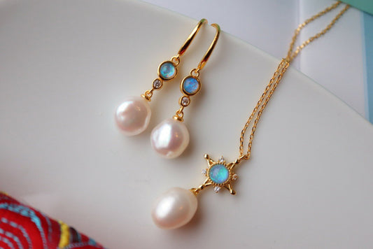 Baroque Glod Plated Sterling Silver 925 Natural Pearl & Blue Opal Necklace/Earrings