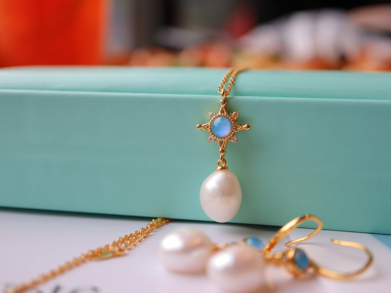 Baroque Glod Plated Sterling Silver 925 Natural Pearl & Blue Opal Necklace/Earrings