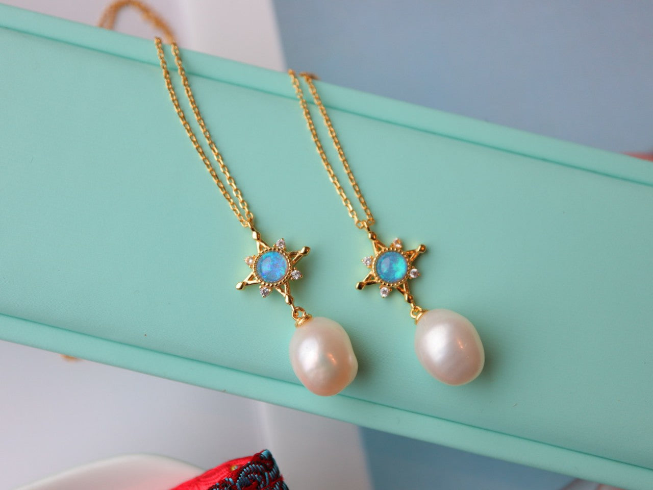 Baroque Glod Plated Sterling Silver 925 Natural Pearl & Blue Opal Necklace/Earrings