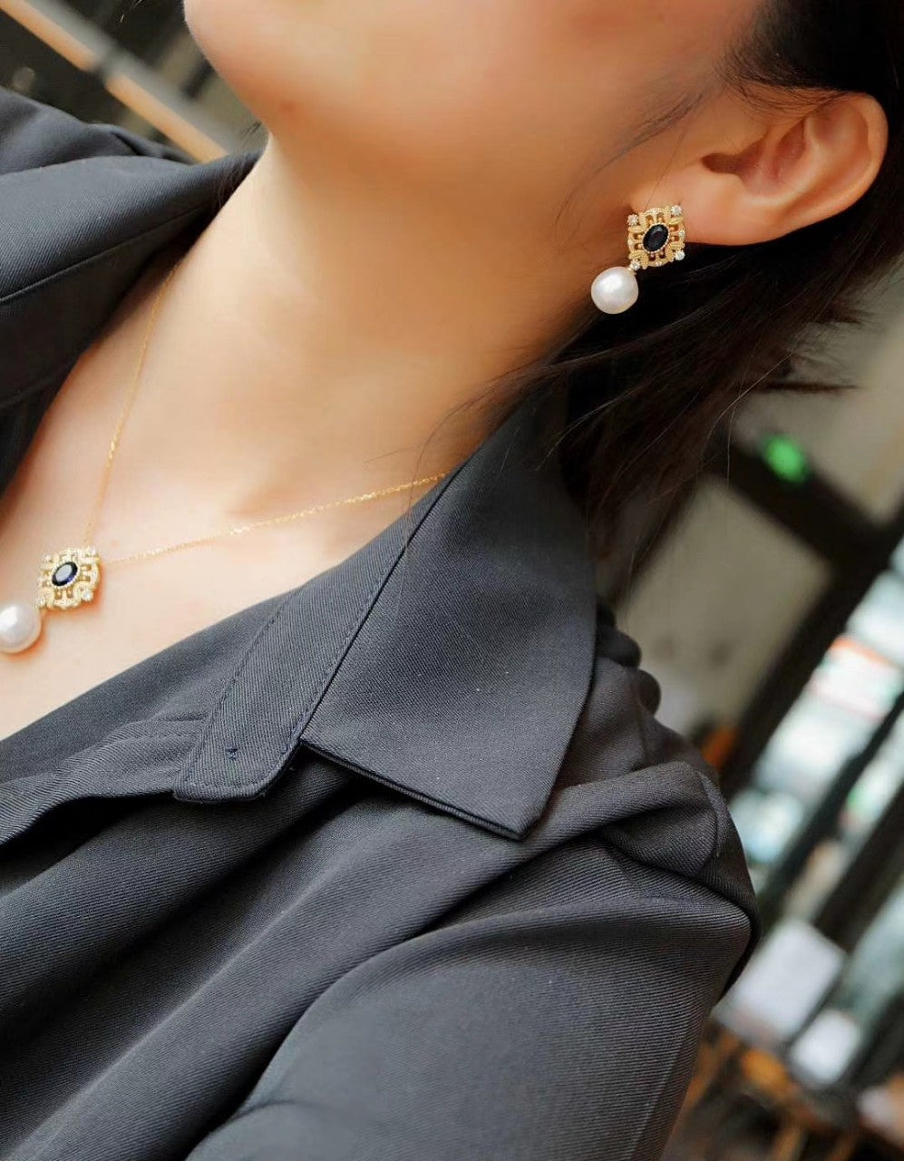 Baroque Dangle Pearl Necklace with Blue Oval Zicon, Gold Plated Sterling Silver
